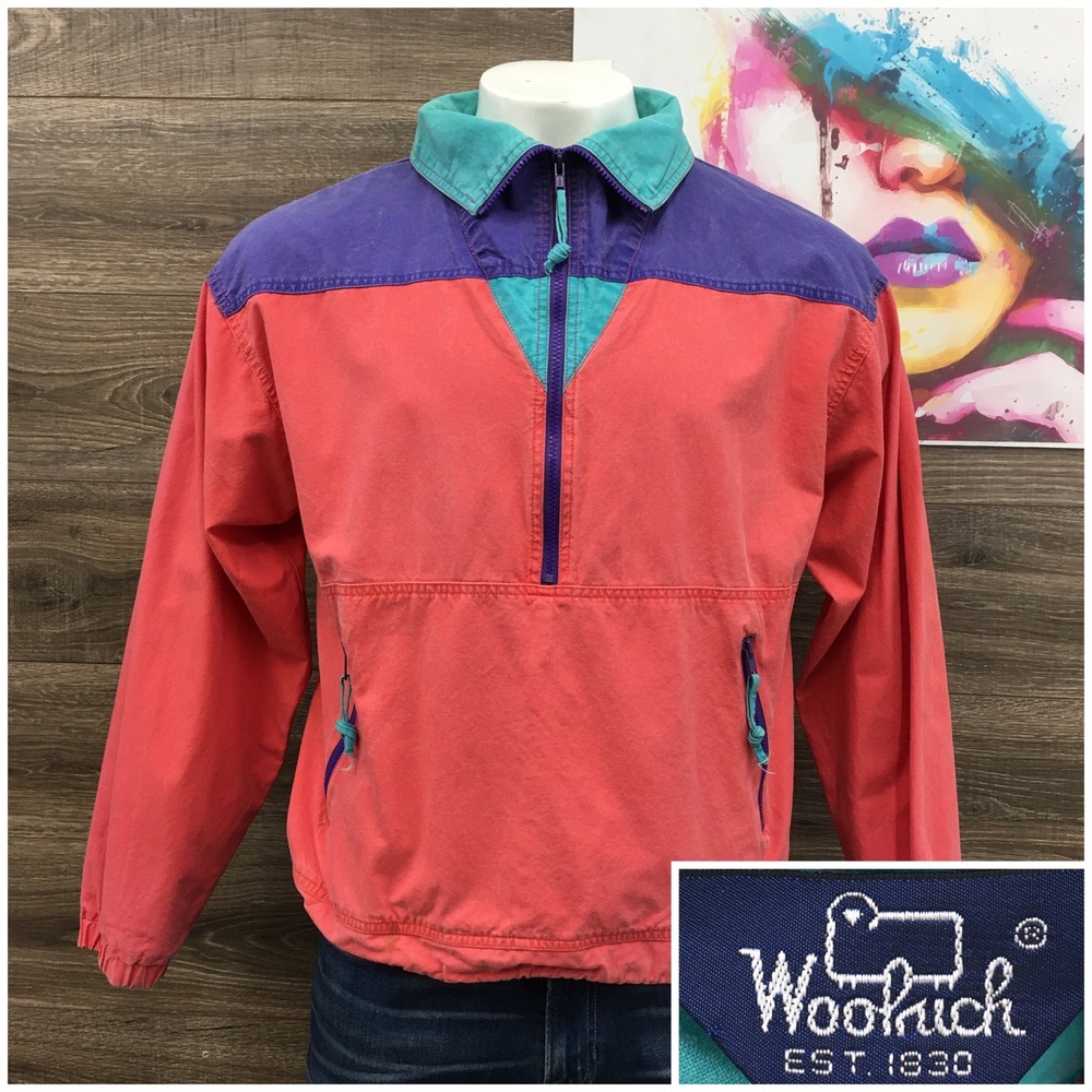 Vintage Woolrich Colorblock Quarter Zip Pullover Jacket Pink Purple Teal Mens M